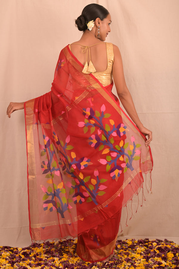 Handwoven Red Muslin Jamdani Saree