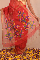 Handwoven Red Muslin Jamdani Saree