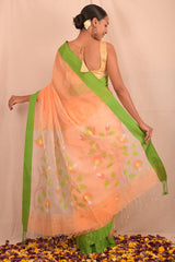 Handwoven Peach Green Muslin Jamdani Saree