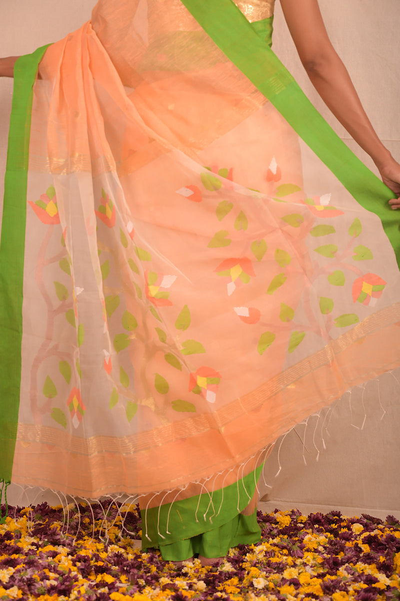 Handwoven Peach Green Muslin Jamdani Saree