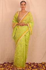 Pastel Parrot Green Jamdani Motif Saree