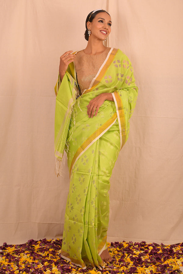 Pastel Parrot Green Jamdani Motif Saree