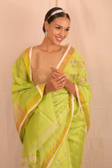 Pastel Parrot Green Jamdani Motif Saree