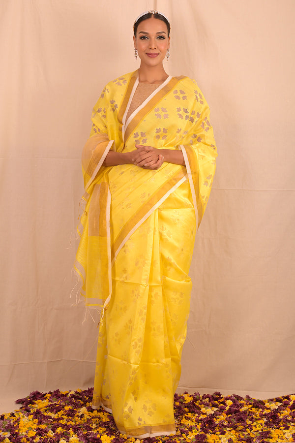 Lemon Yellow Jamdani Motif Saree