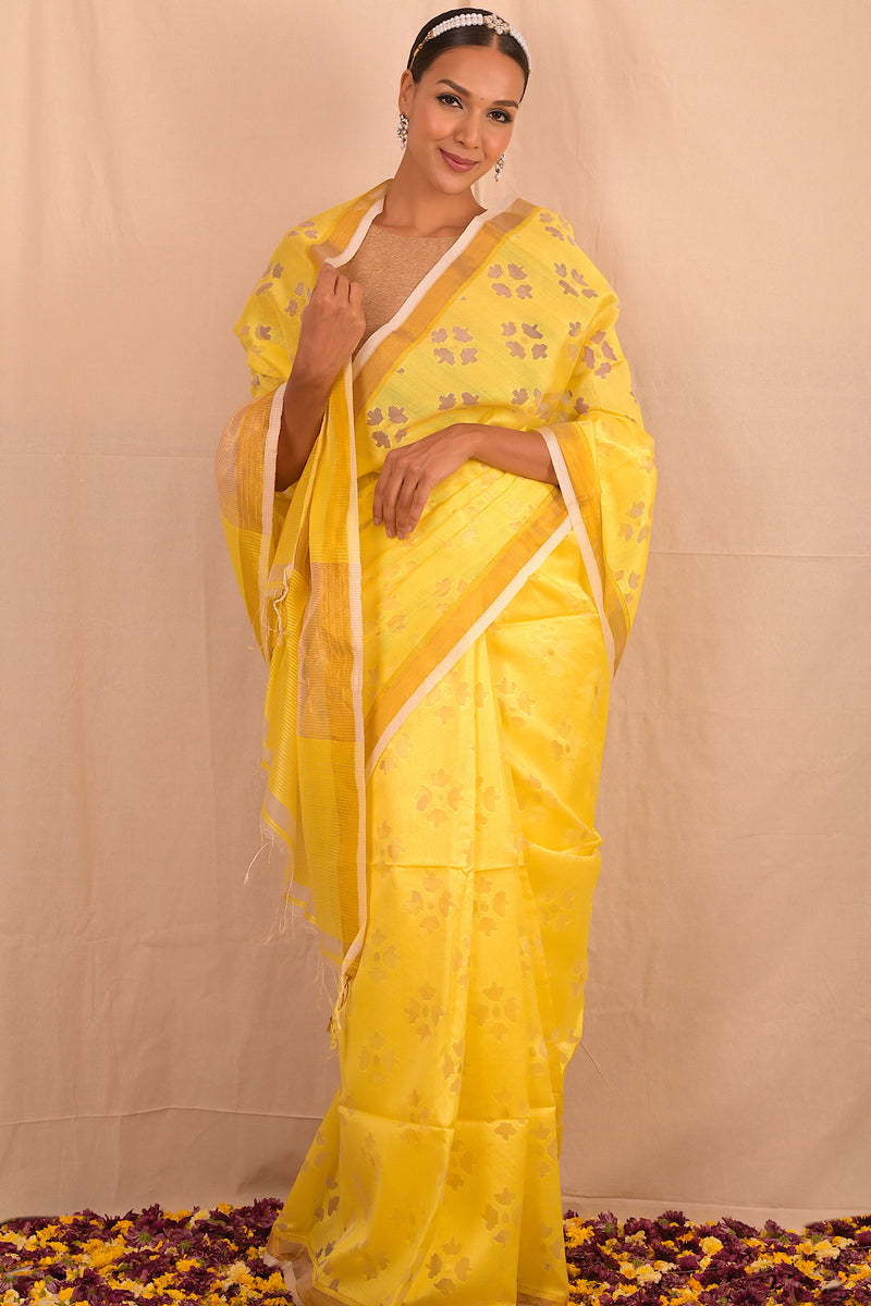 Lemon Yellow Jamdani Motif Saree