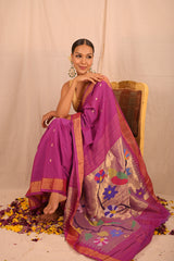 Handwoven Purple & Gold Paithani Saree With Floral Motifs