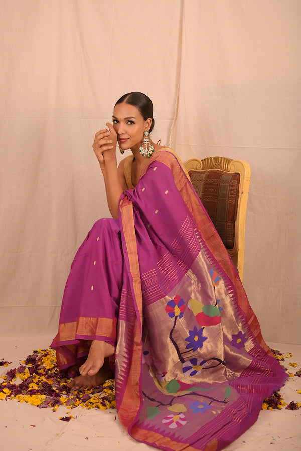 Handwoven Purple & Gold Paithani Saree With Floral Motifs