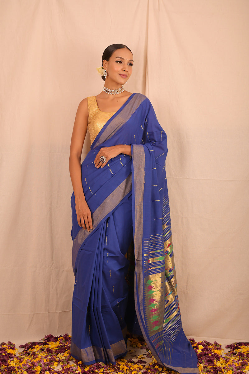 Handwoven Blue & Gold Paithani Saree With Classic Pallu