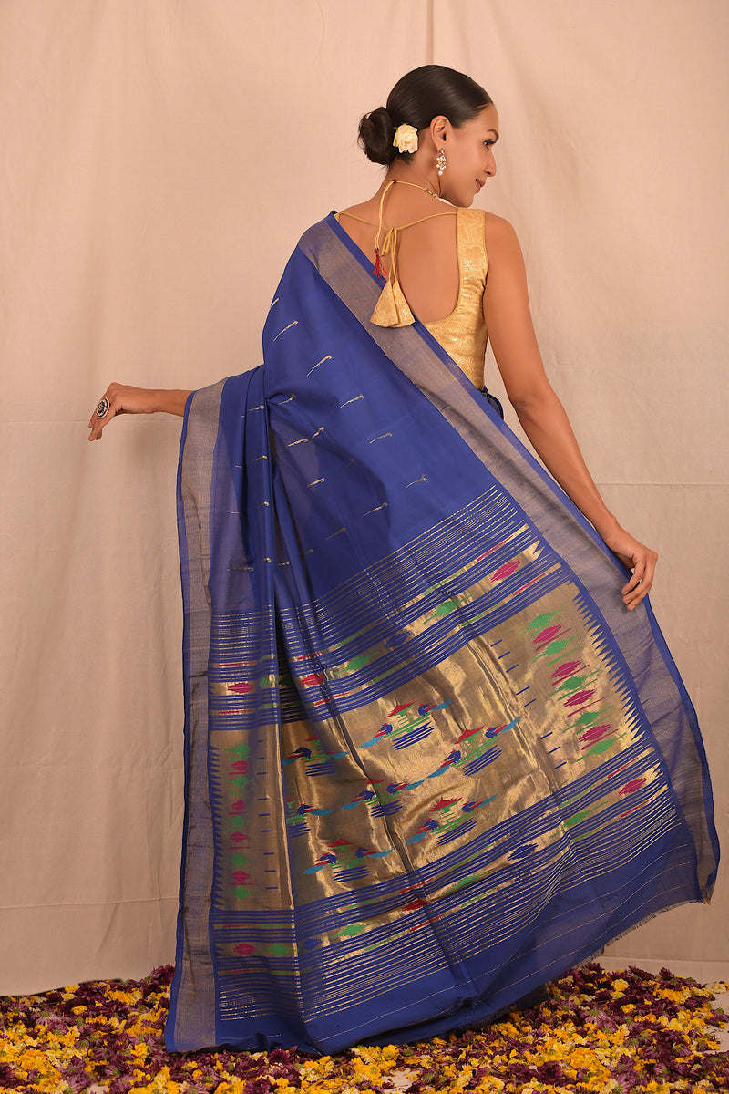 Handwoven Blue & Gold Paithani Saree With Classic Pallu