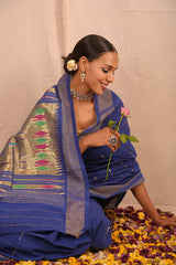 Handwoven Blue & Gold Paithani Saree With Classic Pallu