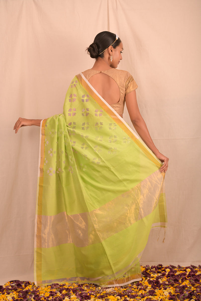 Pastel Parrot Green Jamdani Motif Saree