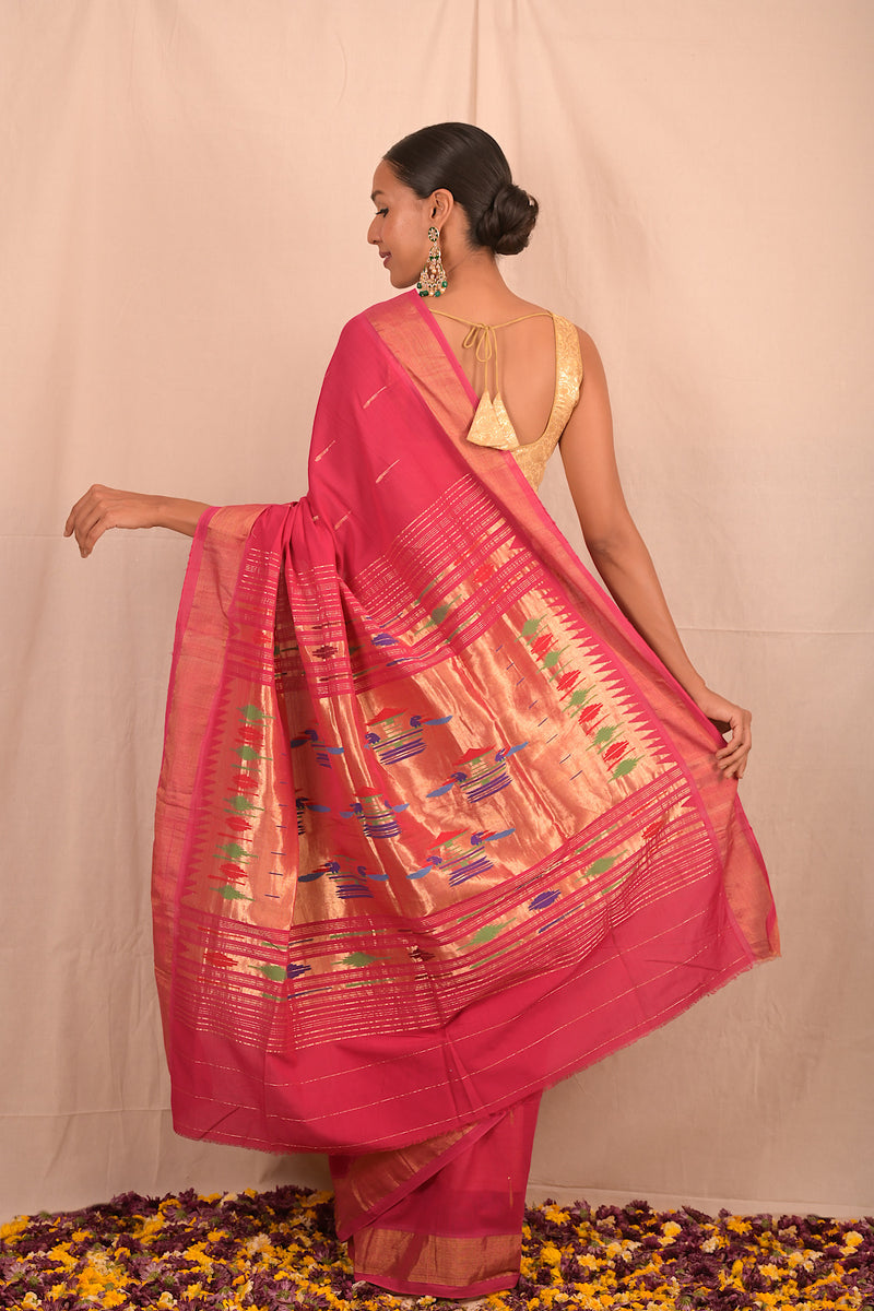 Handwoven Pink & Gold Paithani Saree With Classic Pallu