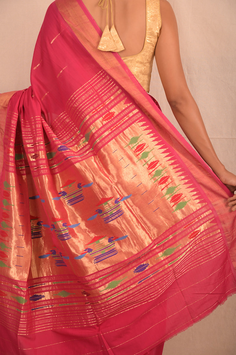 Handwoven Pink & Gold Paithani Saree With Classic Pallu