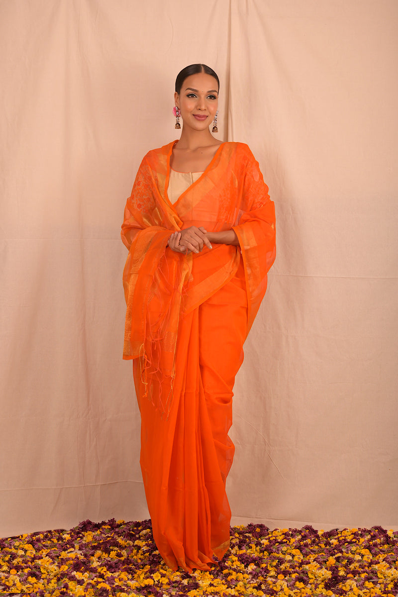 Handwoven Orange Muslin Jamdani Saree