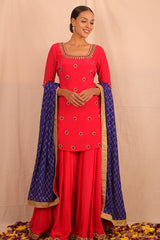 Red Blue Handembroidered Sharara Set