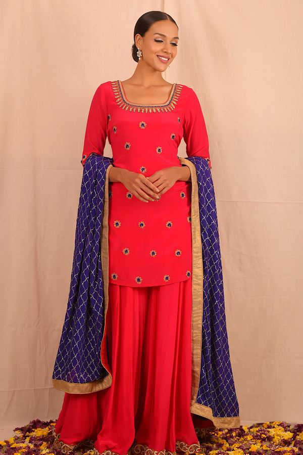 Red Blue Handembroidered Sharara Set