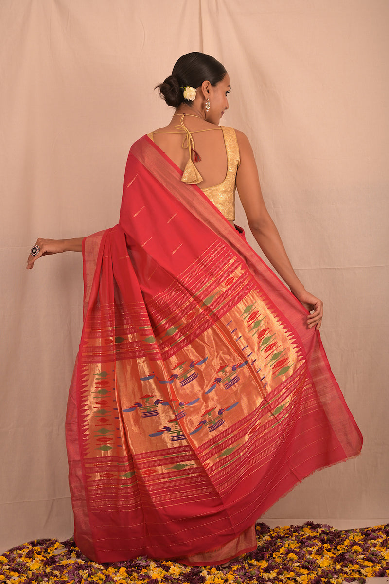 Handwoven Red & Gold Paithani Saree With Classic Pallu