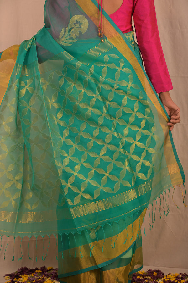 Handwoven Sea Green Jamdani Saree