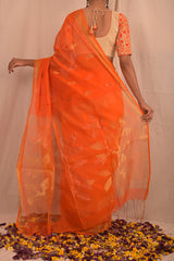 Handwoven Orange Muslin Jamdani Saree