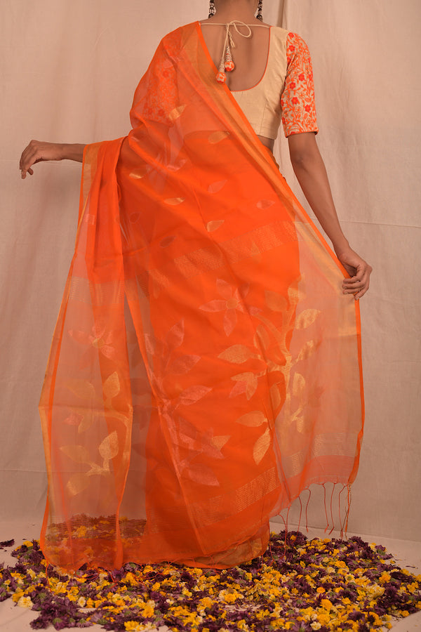 Handwoven Orange Muslin Jamdani Saree