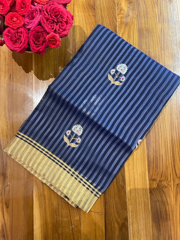 Handloom Chanderi Silk Saree Buta On Stripes Silver Zari - Navy Blue