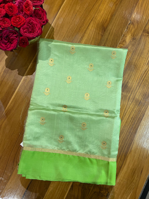 Handloom Chanderi Silk Saree Sun Flower Buta With Green Mina - Parrot Green