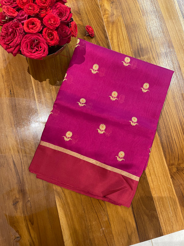 Handloom Chanderi Silk Saree Sun Flower Buta With Red Mina - Dark Pink