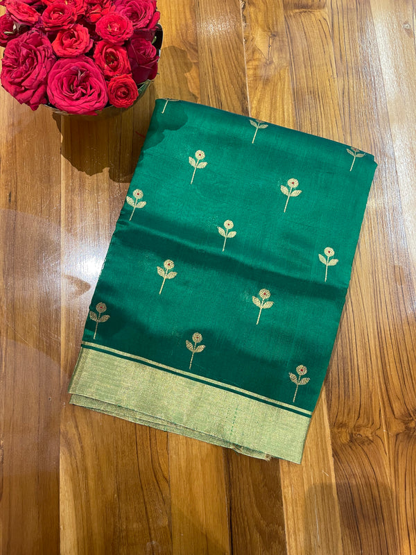 Handloom Chanderi Silk Saree Floral Buta With Red Mina - Green