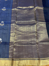 Handloom Chanderi Silk Saree Buta On Stripes Silver Zari - Navy Blue