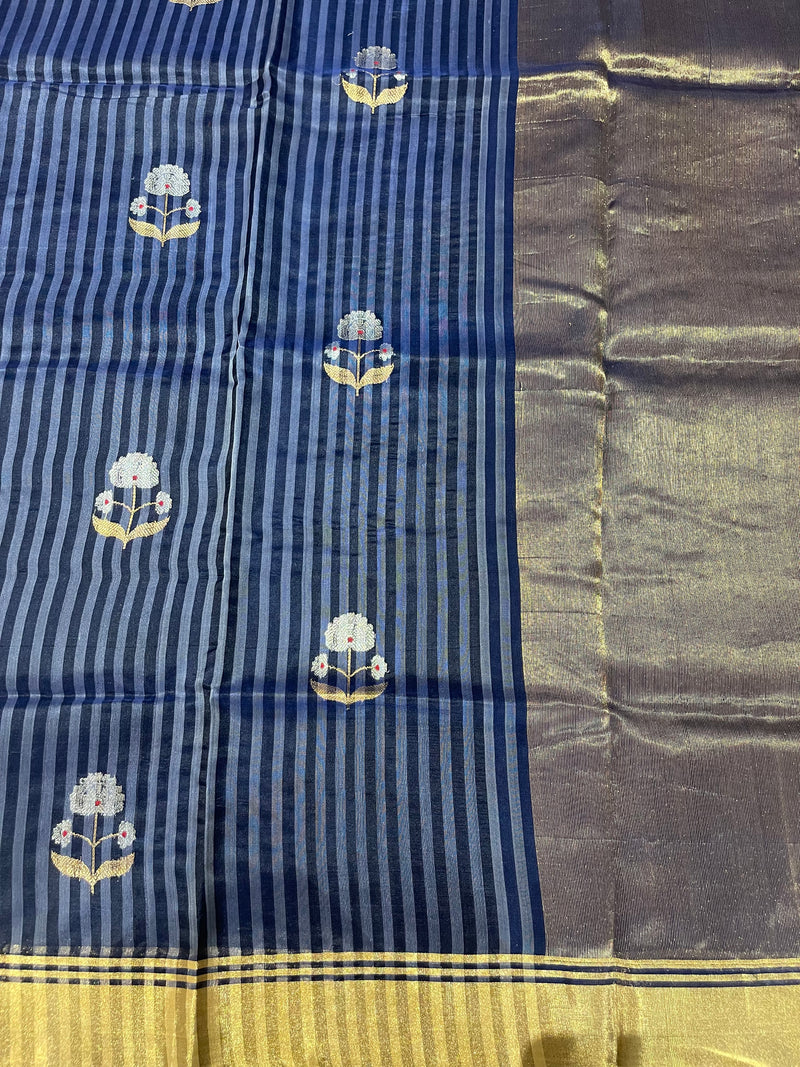 Handloom Chanderi Silk Saree Buta On Stripes Silver Zari - Navy Blue