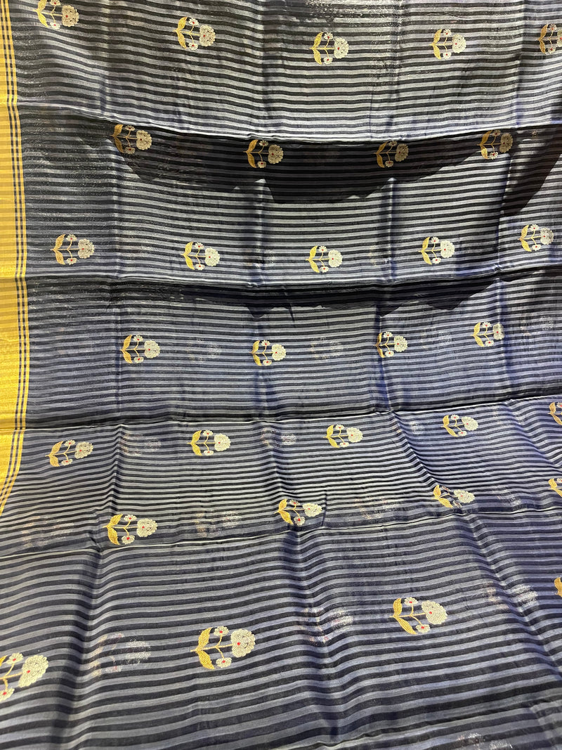 Handloom Chanderi Silk Saree Buta On Stripes Silver Zari - Navy Blue