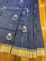 Handloom Chanderi Silk Saree Buta On Stripes Silver Zari - Navy Blue