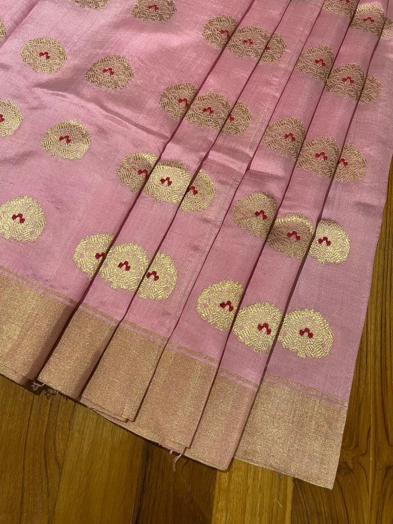 Handloom Silk Chanderi Saree Tree Buta All Over - Pastel Pink