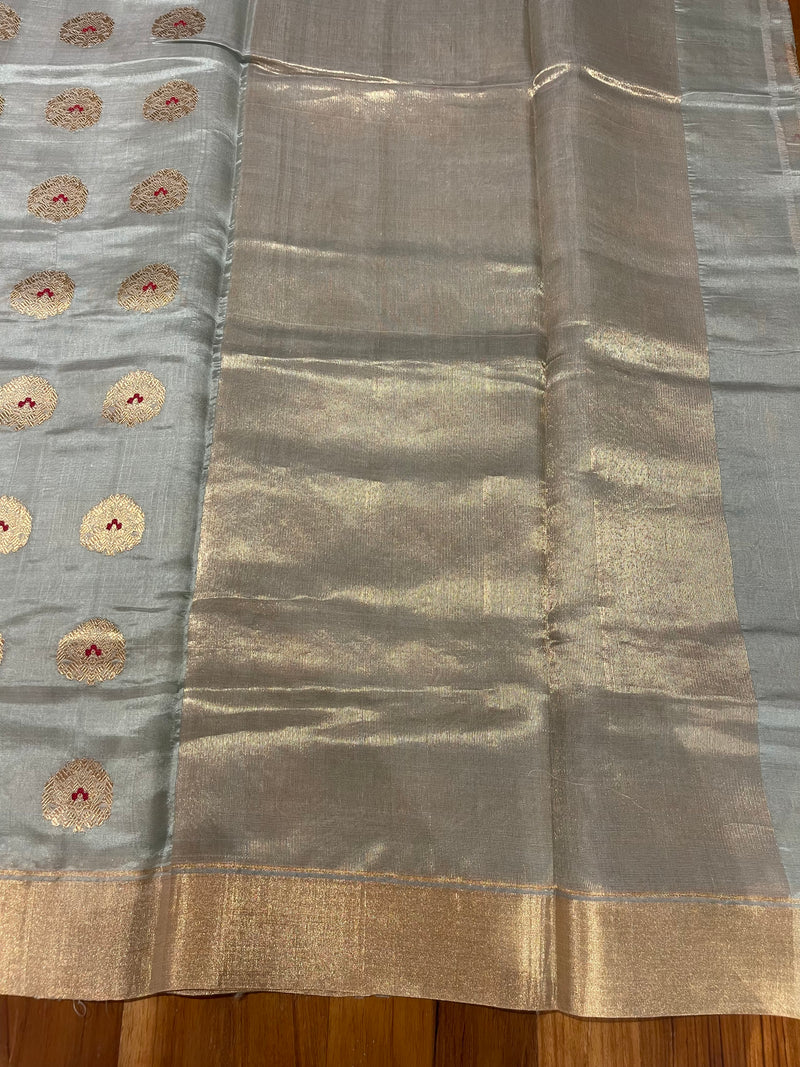 Handloom Silk Chanderi Saree Tree Buta All Over - Pastel Blue Cyan