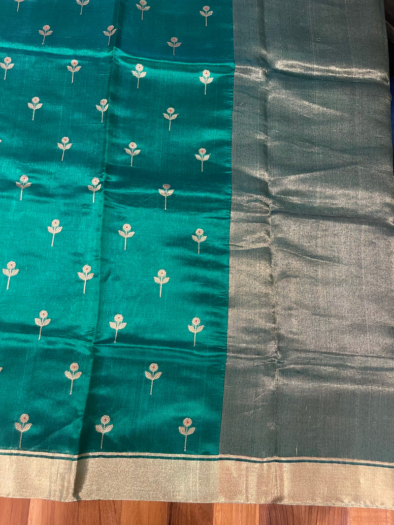 Handloom Chanderi Silk Saree Floral Buta With Red Mina - Green