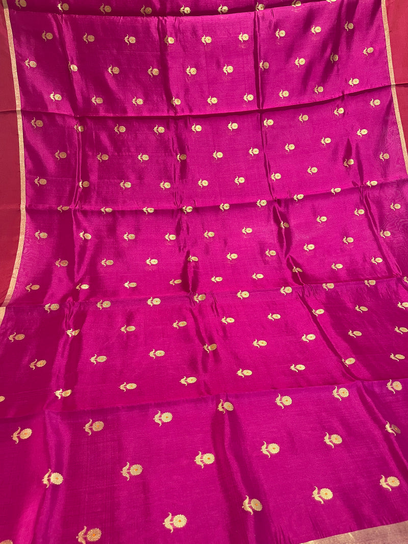 Handloom Chanderi Silk Saree Sun Flower Buta With Red Mina - Dark Pink