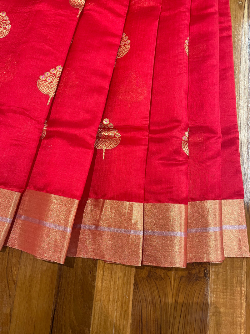 Handloom Chanderi Silk Saree Guldasta Buta With Red Mina - Red