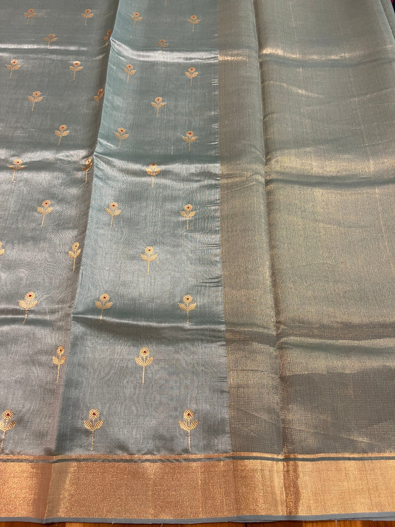 Handloom Chanderi Silk Saree Floral Buta With Red Mina - Sky Blue