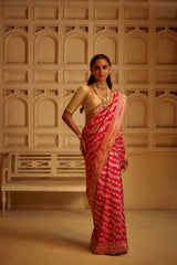 Real Zari Handloom Kadhua Banarasi Katan Silk Saree - Jaangla - Red Blue Minedar