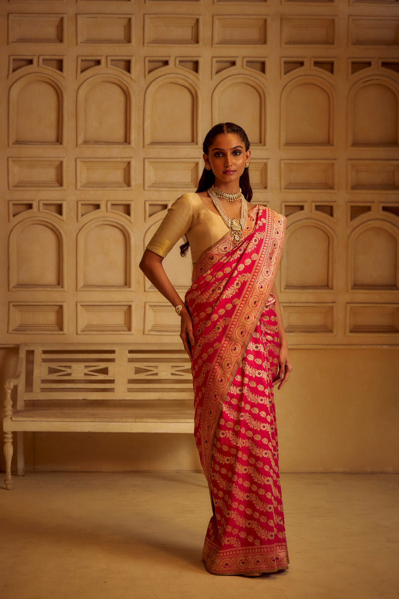 Real Zari Handloom Kadhua Banarasi Katan Silk Saree - Jaangla - Red Blue Minedar