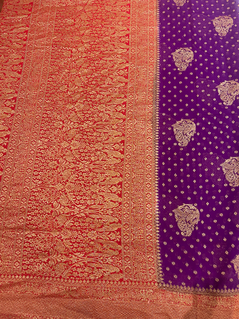 Handloom Fekua Banarasi Khaddi Georgette Silk Saree - Butidar - Red Purple