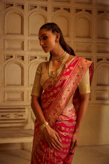 Real Zari Handloom Kadhua Banarasi Katan Silk Saree - Jaangla - Red Blue Minedar