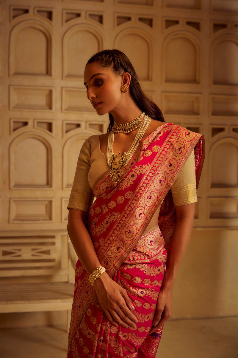 Real Zari Handloom Kadhua Banarasi Katan Silk Saree - Jaangla - Red Blue Minedar