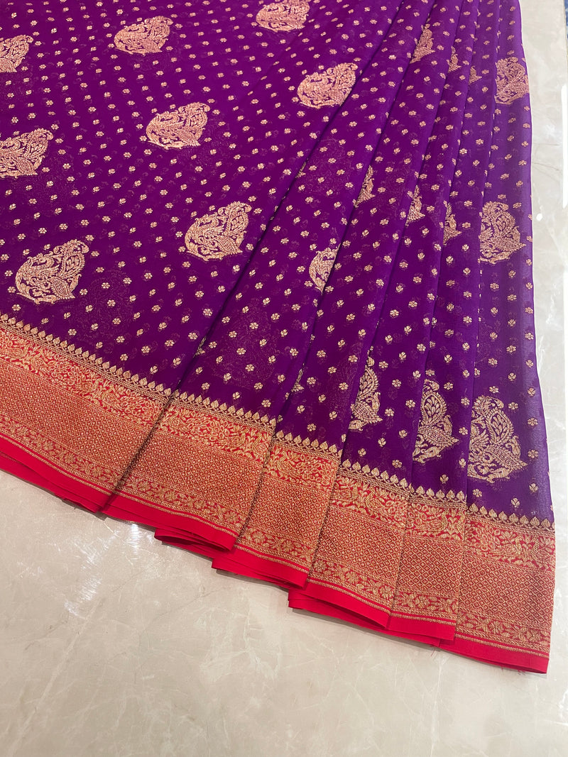 Handloom Fekua Banarasi Khaddi Georgette Silk Saree - Butidar - Red Purple