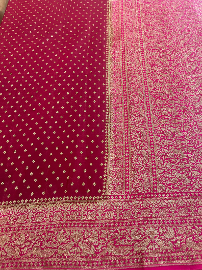 Handloom Fekua Banarasi Khaddi Georgette Silk Saree - Butidar - Red Pink