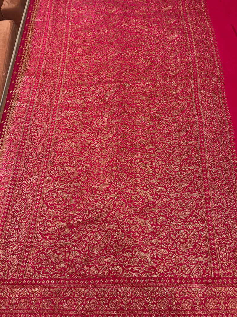 Handloom Fekua Banarasi Khaddi Georgette Silk Saree - Butidar - Red Pink