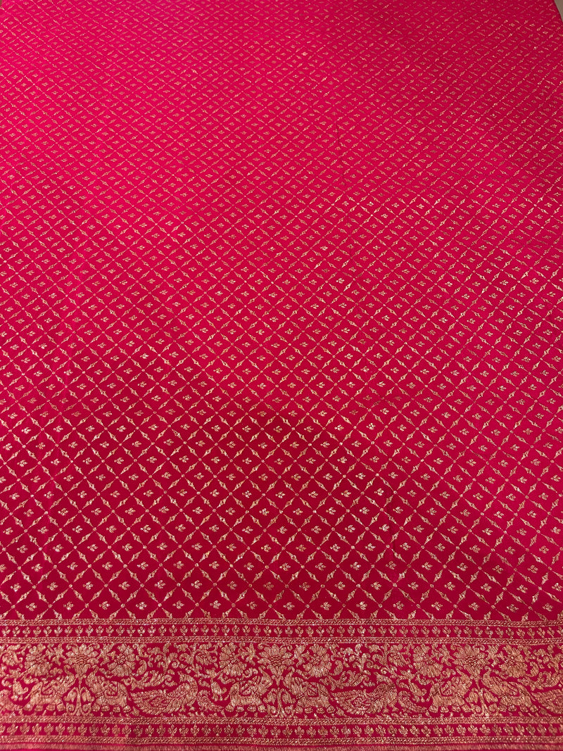 Handloom Fekua Banarasi Khaddi Georgette Silk Saree - Butidar - Red Pink