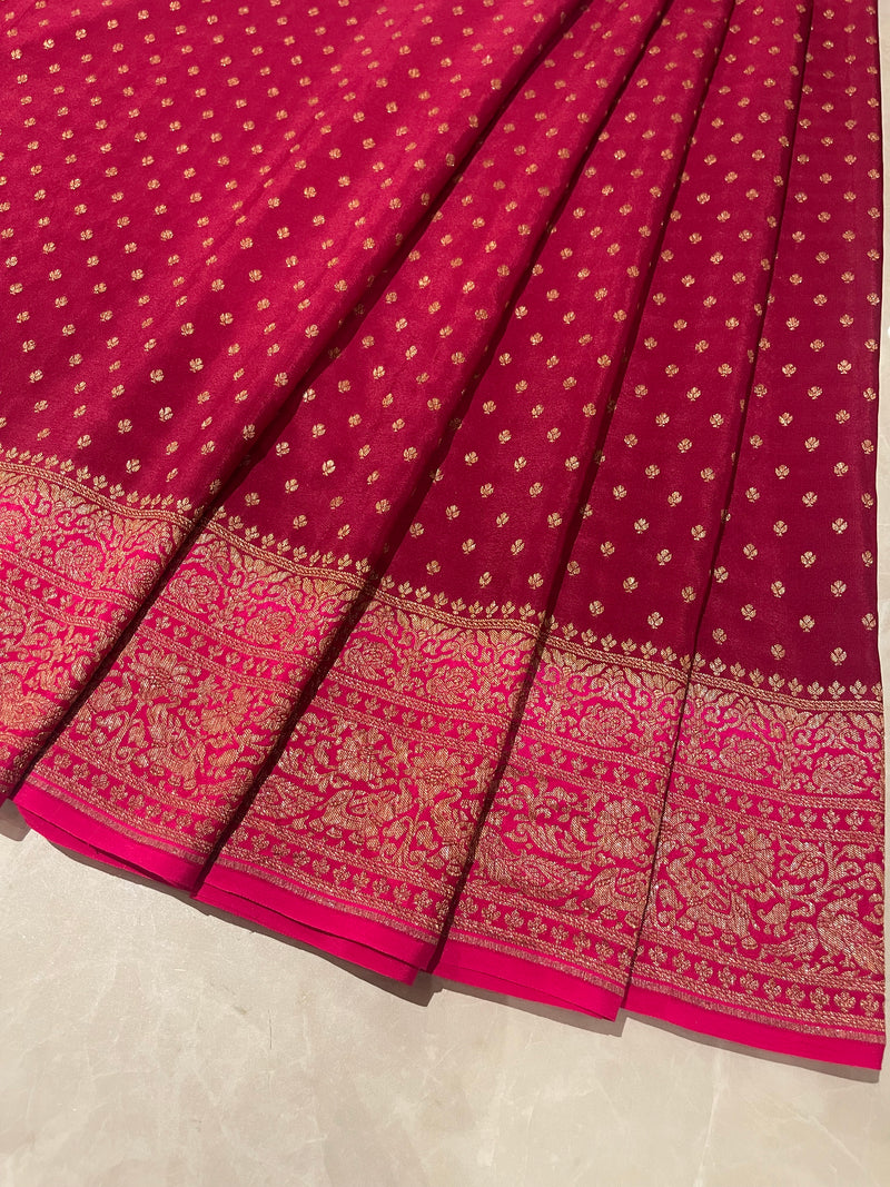 Handloom Fekua Banarasi Khaddi Georgette Silk Saree - Butidar - Red Pink