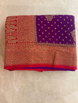 Handloom Fekua Banarasi Khaddi Georgette Silk Saree - Butidar - Red Purple