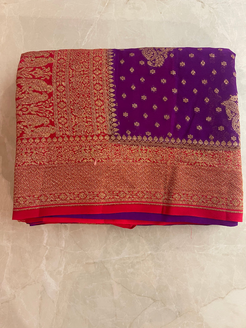 Handloom Fekua Banarasi Khaddi Georgette Silk Saree - Butidar - Red Purple